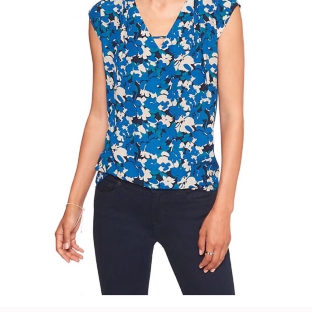 Banana Republic Blouse Under $30. Blue and White Floral Cap Sleeves.